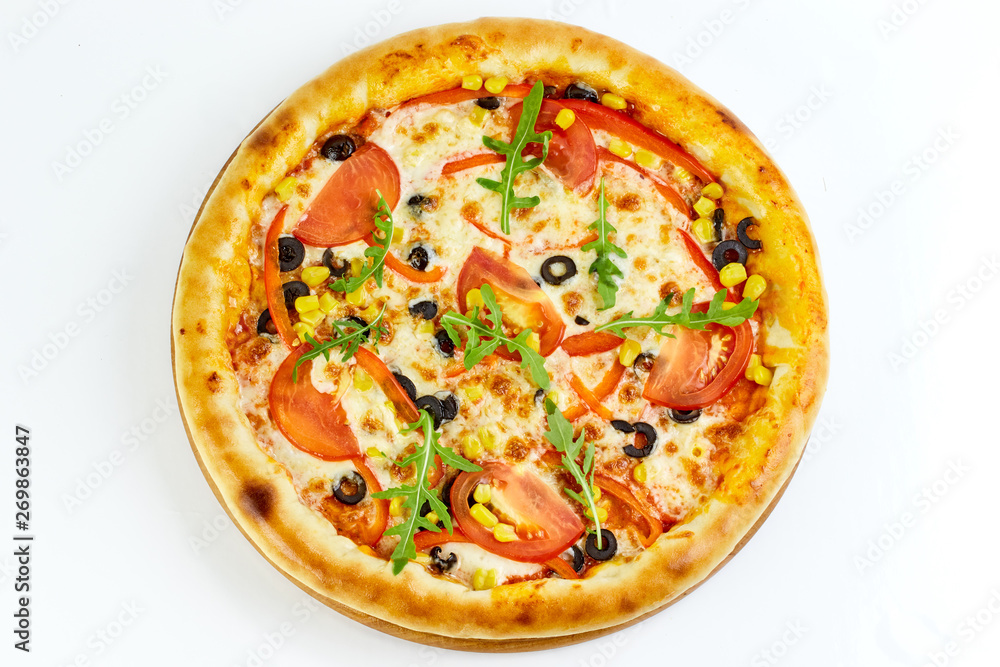 pizza with ham and tomato isolated on white