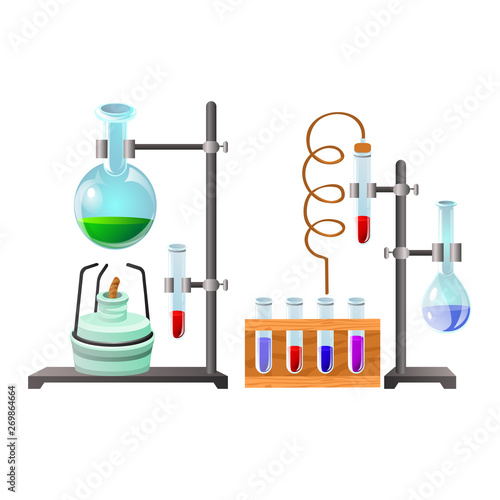 Vials with liquid reagents. Chemistry lesson in school and university. Vector cartoon close-up illustration.