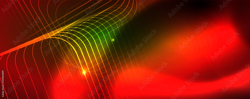 Techno glowing background, futuristic dark template with neon light effects and simple forms, vector