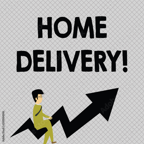 Conceptual hand writing showing Home Delivery. Concept meaning act of taking goods or parcel directly to customers home Businessman with Eyeglasses Riding Crooked Arrow Pointing Up