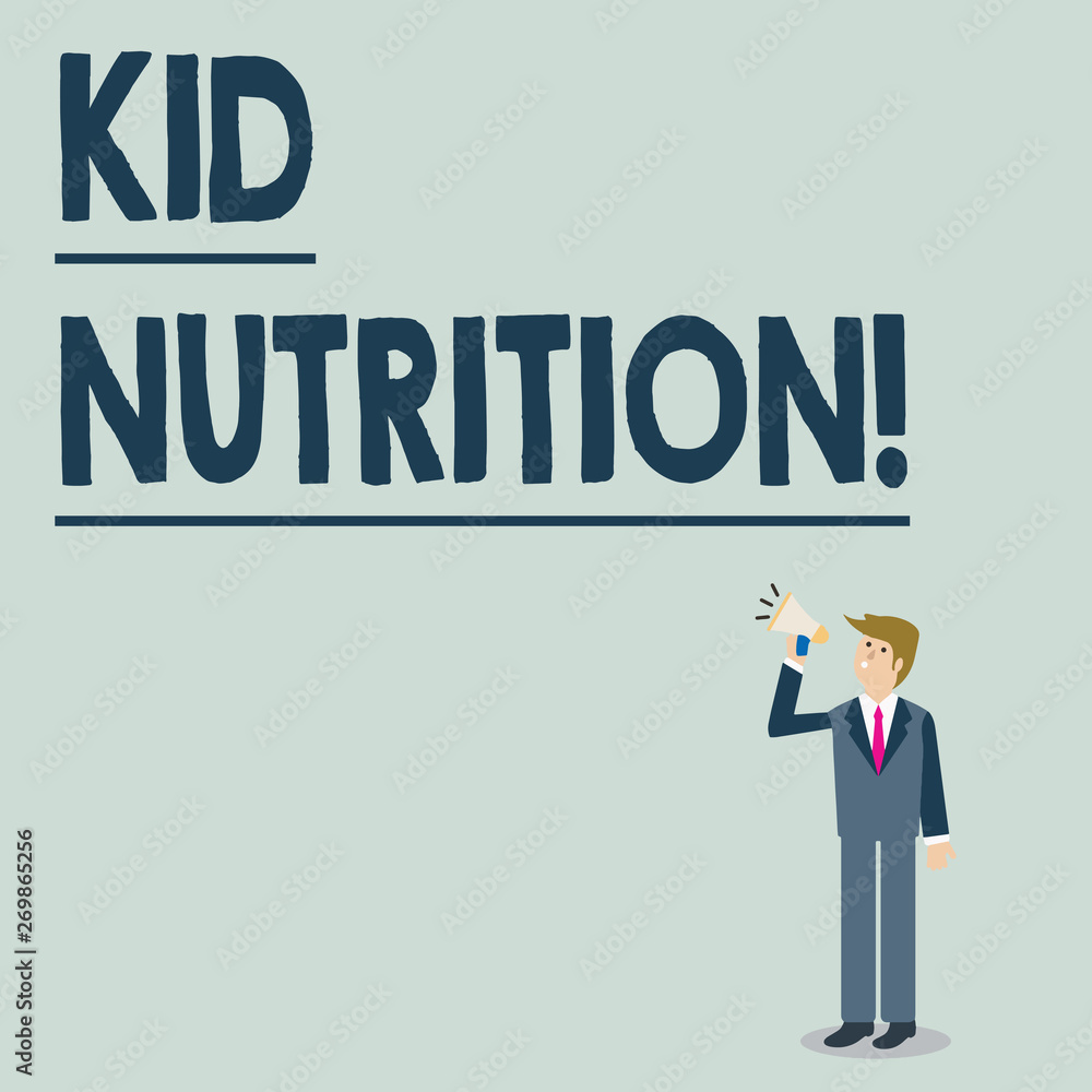 Conceptual hand writing showing Kid Nutrition. Concept meaning A healthy diet for children to help them grow and learn Businessman Looking Up, Holding and Talking on Megaphone Conceptual hand writing showing Kid Nutrition. Concept meaning A healthy diet for children to help them grow and learn Businessman Looking Up, Holding and Talking on Megaphone