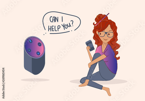 Picture of pretty young woman with red hair and Smart speaker, Voice assistant, home automation hub concept in 3D, isometric style. Text: Can I halp you? Vector illustration with background.