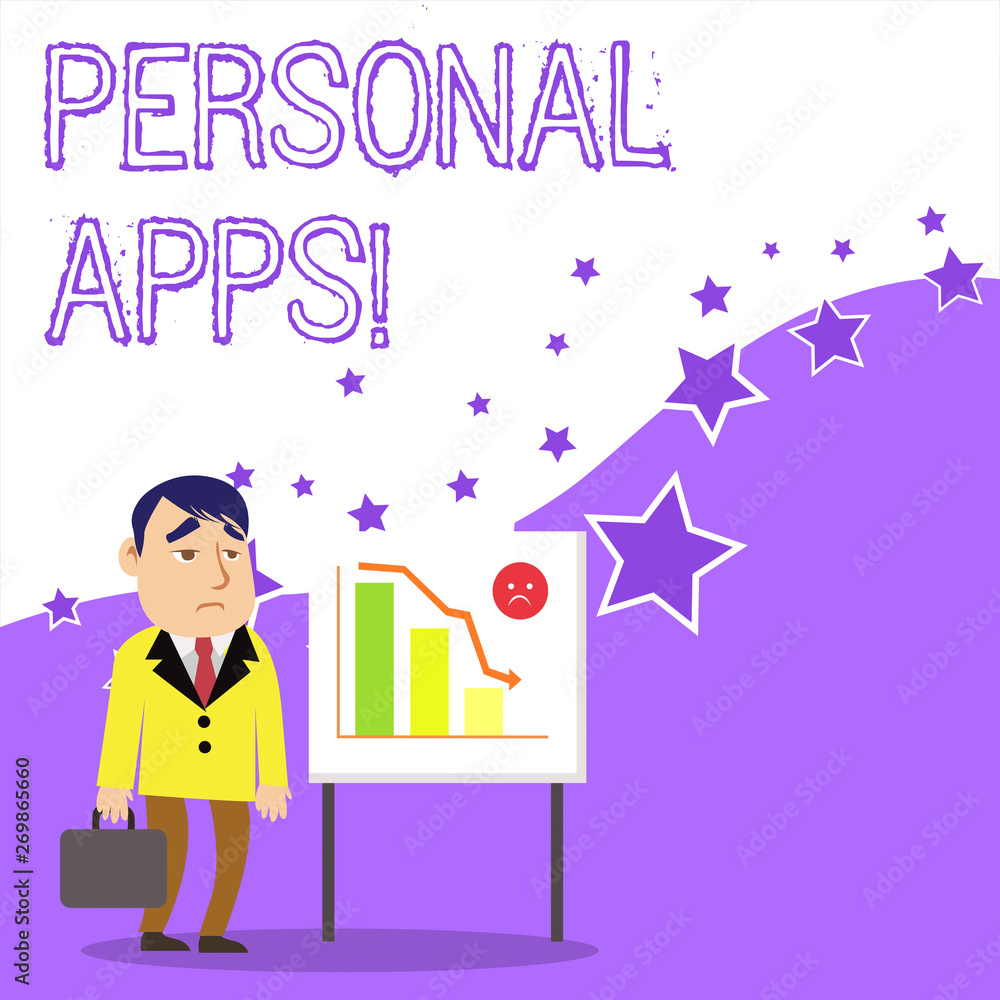 Text sign showing Personal Apps. Business photo showcasing App for secure password less validation to online services Businessman Clerk with Brief Case Standing Whiteboard Declining Bar Chart Text sign showing Personal Apps. Business photo showcasing App for secure password less validation to online services Businessman Clerk with Brief Case Standing Whiteboard Declining Bar Chart