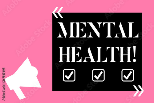 Text sign showing Mental Health. Business photo text the state or level of psychological wellbeing of a demonstrating Isolated Megaphone Pointing Upward to Empty Text Box in Quotation Marks