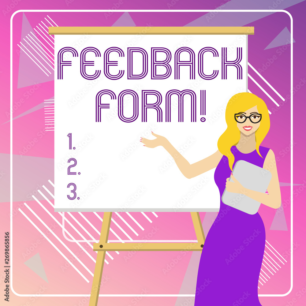 Text sign showing Feedback Form. Business photo showcasing way in which customer comment about product is obtained White Female in Glasses Standing by Blank Whiteboard on Stand Presentation Text sign showing Feedback Form. Business photo showcasing way in which customer comment about product is obtained White Female in Glasses Standing by Blank Whiteboard on Stand Presentation