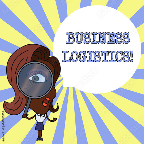 Conceptual hand writing showing Business Logistics. Concept meaning concerned with materials procurement and analysisagement Woman Looking Trough Magnifying Glass Big Eye Speech Bubble