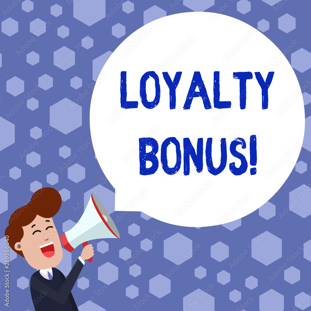Text sign showing Loyalty Bonus. Business photo showcasing reward such as money or points is given for a loyal customer Young Man Shouting into Megaphone Floating Round Shape Empty Speech Bubble Text sign showing Loyalty Bonus. Business photo showcasing reward such as money or points is given for a loyal customer Young Man Shouting into Megaphone Floating Round Shape Empty Speech Bubble
