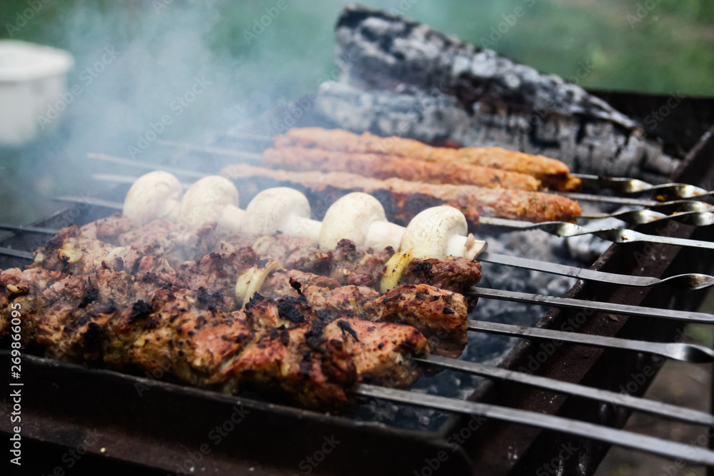 grilled meat and mushrooms on the grill. barbecue close up grilled meat and mushrooms on the grill. barbecue close up