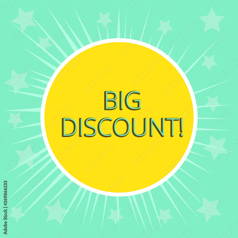 Conceptual hand writing showing Big Discount. Concept meaning a large or greater than usual reduction in price Special offer Yellow Sun White Border Rays Green Background Translucid Stars Conceptual hand writing showing Big Discount. Concept meaning a large or greater than usual reduction in price Special offer Yellow Sun White Border Rays Green Background Translucid Stars