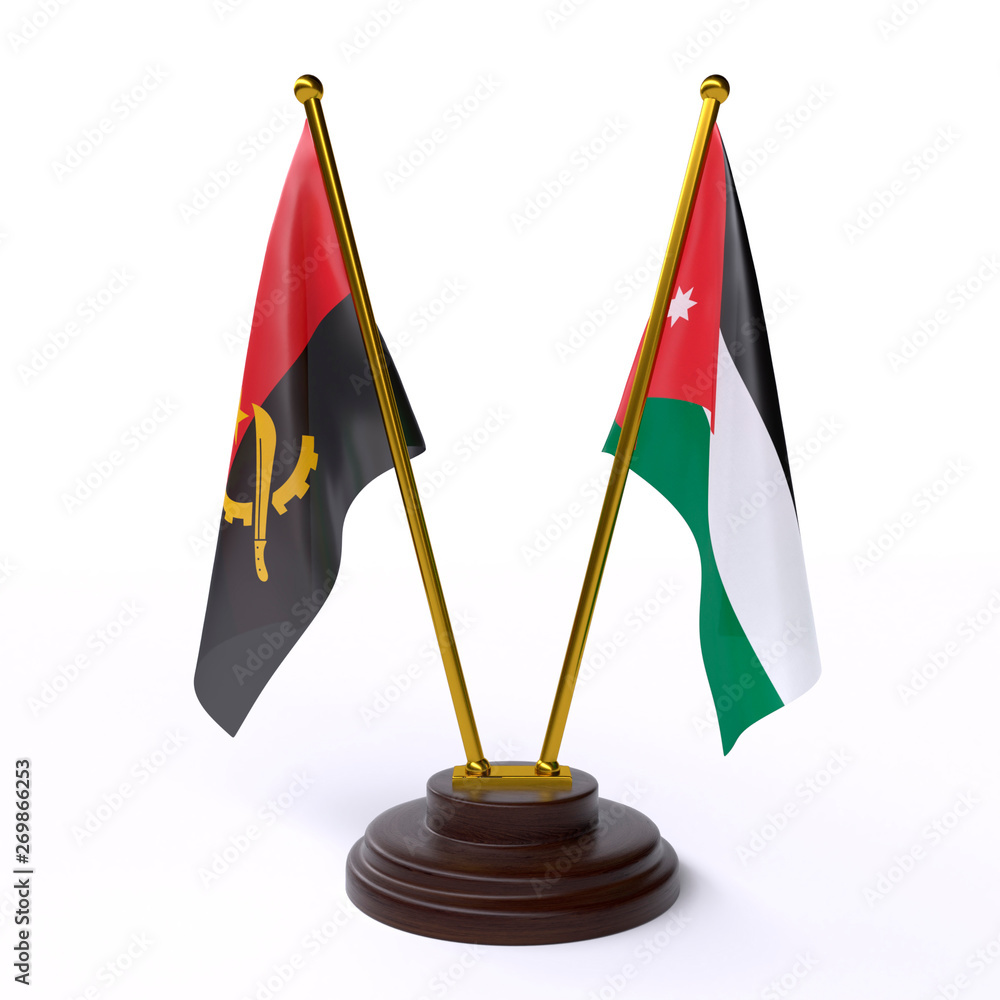 Angola and Jordan, two table flags isolated on white background. 3d image Angola and Jordan, two table flags isolated on white background. 3d image