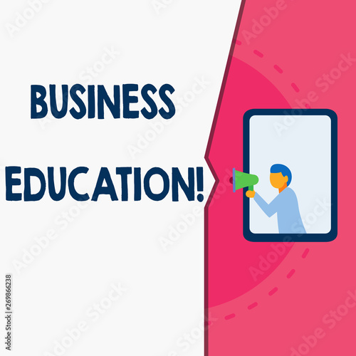Word writing text Business Education. Business photo showcasing acquiring knowledge on fundamentals of business practices Man stands in window hold loudspeaker speaking trumpet without listener