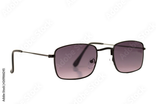 Black rectangle wrap-around metal frame sunglasses isolated on white, side view