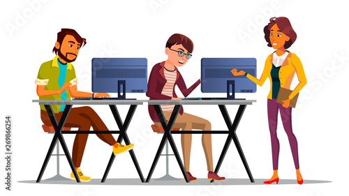Character Supervisor Control Work Employees Vector. Smiling Woman Supervisor Communication, Monitoring And Assisting Colleagues Programmers. Office Workplace Flat Cartoon Illustration