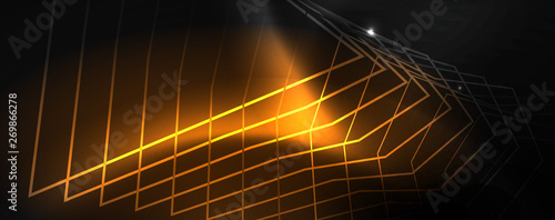 Shiny neon techno template. Neon lines background, 80s style laser rays