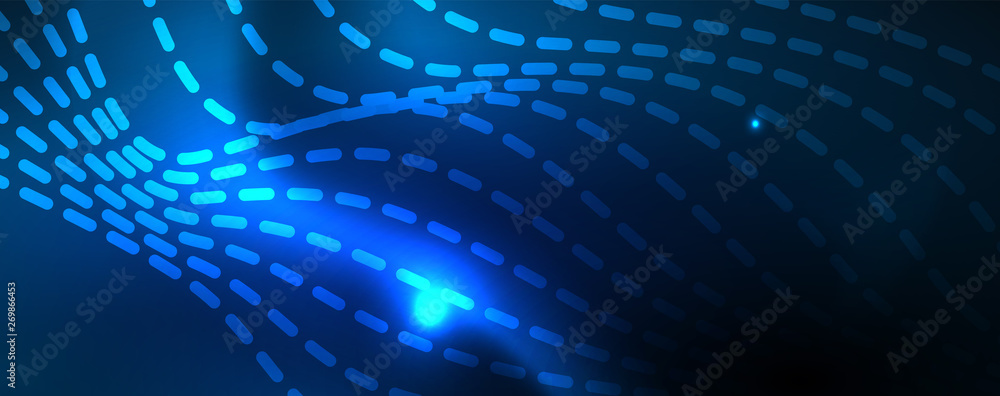 Smooth wave lines on blue neon color light background. Glowing abstract wave on dark, shiny motion, magic space light
