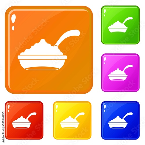 Bowl of caviar with spoon icons set collection vector 6 color isolated on white background