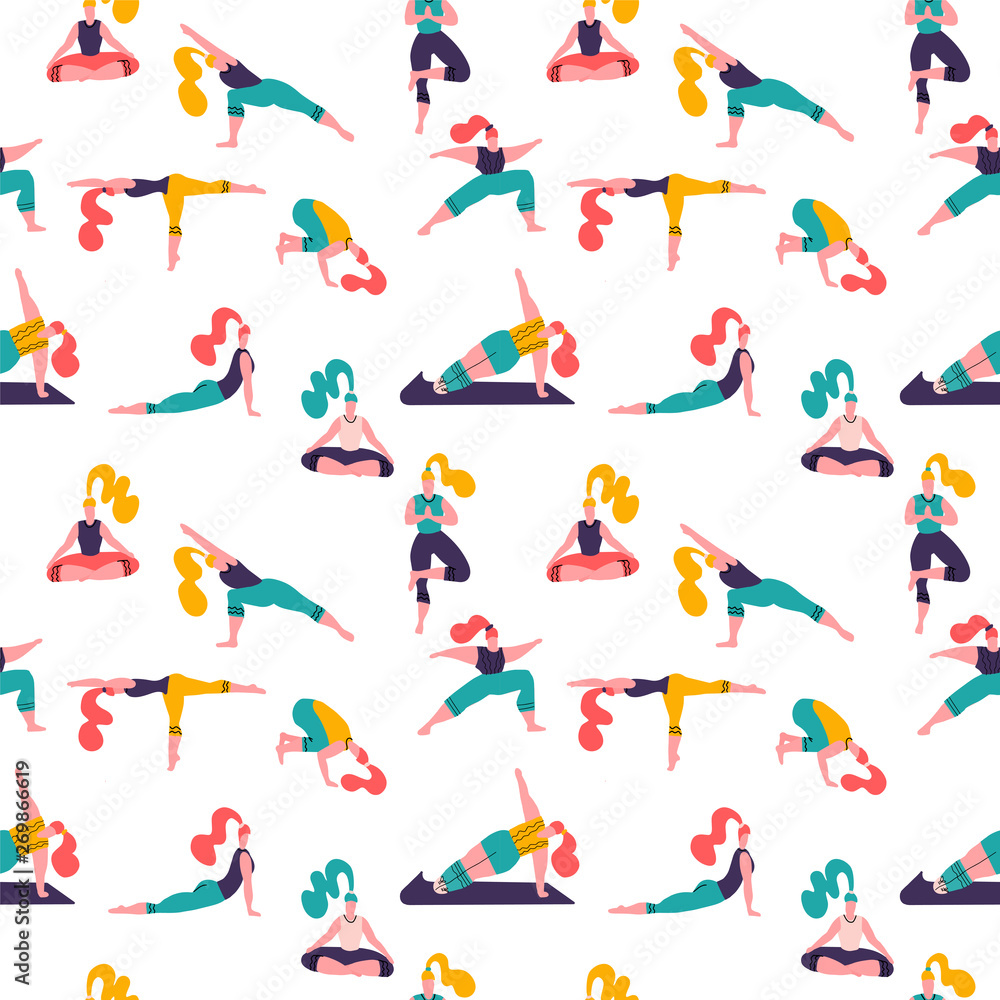Healthy lifestyle. World Health Day. Vector seamless pattern with yoga class with people meditating, doing breathing exercise. Concept Modern Background with Women doing Yoga Poses vector illustration