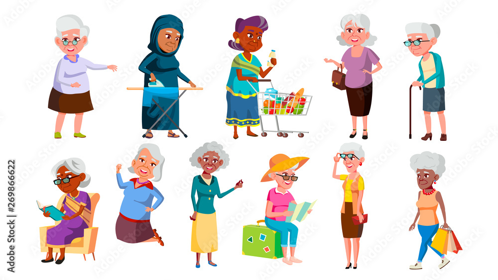 Collection Of Mulicultural Old Granny Set Vector. Happy Smiling Woman Granny Reading Book, Dancing And Jumping, Travelling And Walking, Ironing Clothes And Shopping. Flat Cartoon Illustration