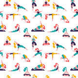 Healthy lifestyle. World Health Day. Vector seamless pattern with yoga class with people meditating, doing breathing exercise. Concept Modern Background with Women doing Yoga Poses vector illustration