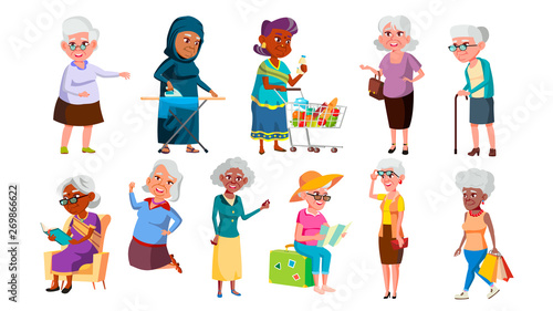 Collection Of Mulicultural Old Granny Set Vector. Happy Smiling Woman Granny Reading Book, Dancing And Jumping, Travelling And Walking, Ironing Clothes And Shopping. Flat Cartoon Illustration