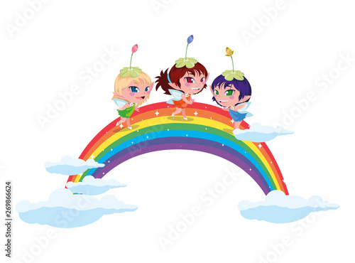 beautiful magic fairies with rainbow scene