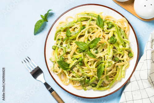 Pasta spaghetti with zucchini top view.