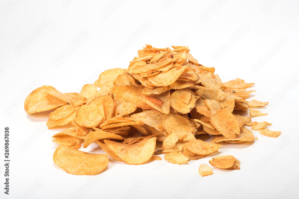 Potato chips isolated on white background. Snack. Salty fried potatoes.