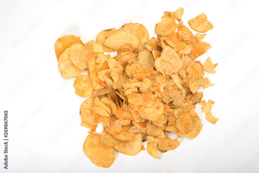 Group of potato chips isolated on white background with clipping path. Top view