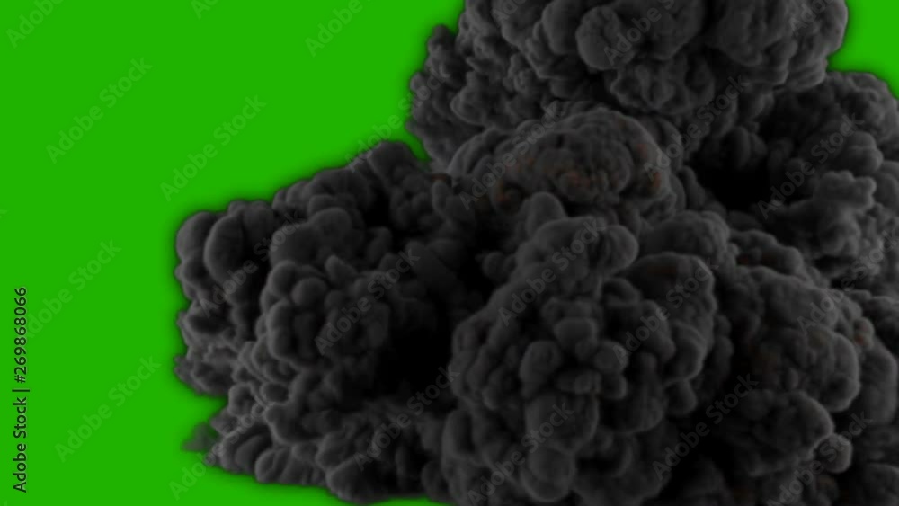 Realistic Giant explosion and black smoke in front of a green screen. VFX element.
