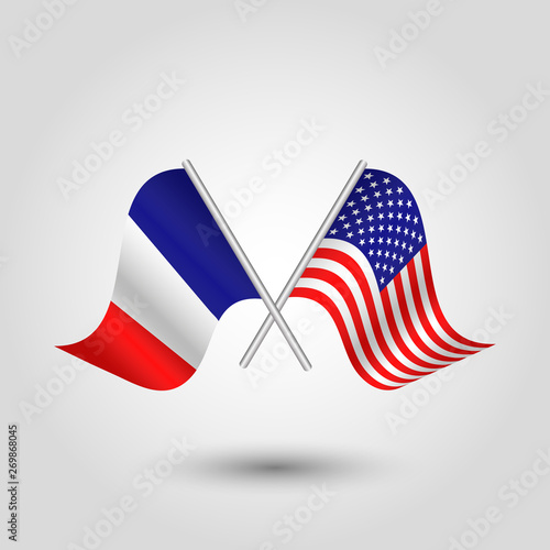 vector two crossed american and french flags on silver sticks - symbol of united states of america and france