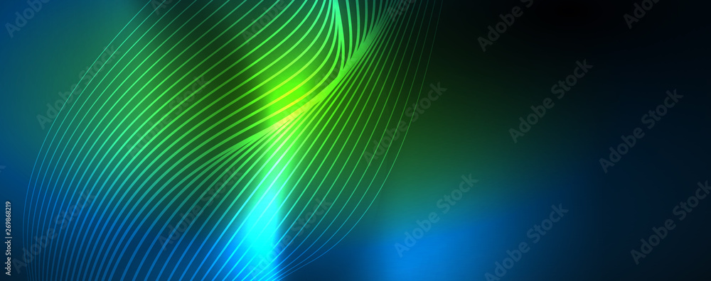 Smooth wave lines on blue neon color light background. Glowing abstract wave on dark, shiny motion, magic space light Smooth wave lines on blue neon color light background. Glowing abstract wave on dark, shiny motion, magic space light