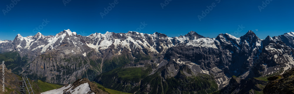 Stunning Panoramic view of Swiss Alps, Jungfrau mountain range from schilthorn, Murren, Switzerland.