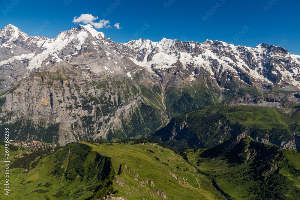Beautiful view of Jungfrau valley from top of schilthornin summer, Murren, Switzerland.