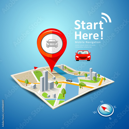 Folded maps car navigation vector with red color point markers design background, illustration