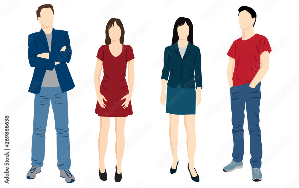 Obraz premium Set of men and women standing , cartoon character, business people group, vector silhouette, flat designe icon, different colors, isolated on white background