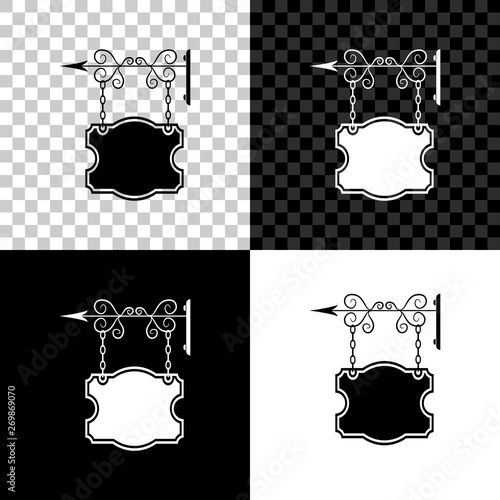 Street signboard hanging on forged brackets icon on black, white and transparent background. Retro graphic forged signboard. Suitable for advertisements bar, cafe, pub, restaurant. Vector Illustration