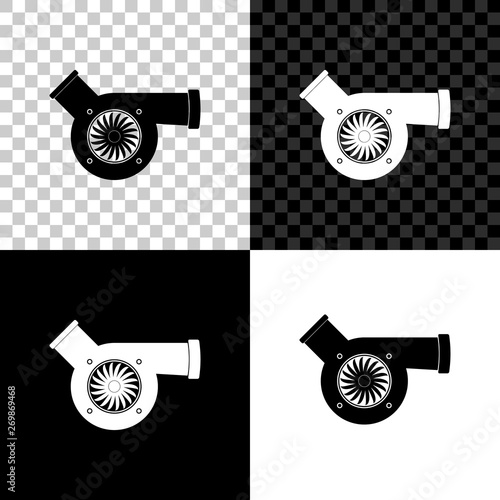 Automotive turbocharger icon isolated on black, white and transparent background. Vehicle performance turbo icon. Car turbocharger sign. Turbo compressor induction symbol. Vector Illustration