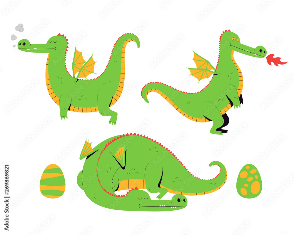 Fototapeta premium Dragon set. Cute cartoon dragons and dragon eggs isolated on a white background. Vector illustration