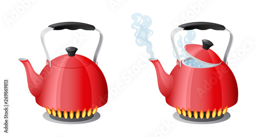 Red kettle with boiling water on kitchen stove flame