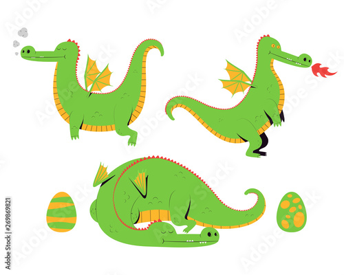Dragon set. Cute cartoon dragons and dragon eggs isolated on a white background. Vector illustration