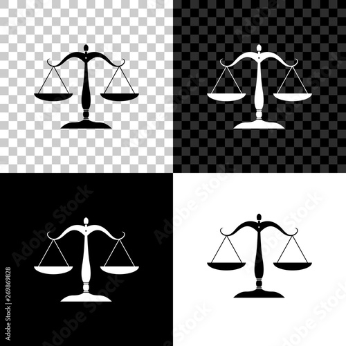 Scales of justice icon isolated on black, white and transparent background. Court of law symbol. Balance scale sign. Vector Illustration