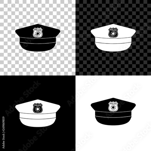 Police cap with cockade icon isolated on black, white and transparent background. Police hat sign. Vector Illustration