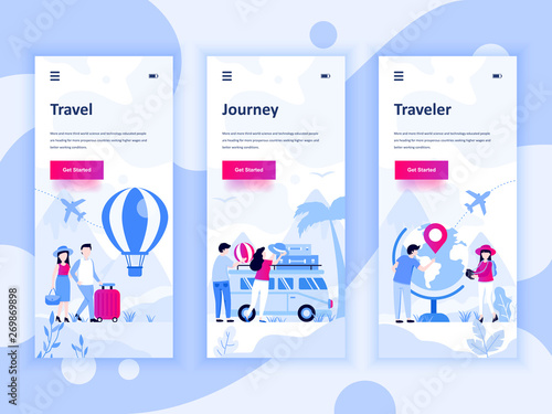 Set of onboarding screens user interface kit for Travel, Journey, Traveler, mobile app templates concept. Modern UX, UI screen for mobile or responsive web site. Vector illustration.