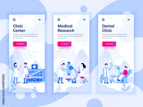 Set of onboarding screens user interface kit for Medicine, Research, Dental Clinic, mobile app templates concept. Modern UX, UI screen for mobile or responsive web site. Vector illustration.