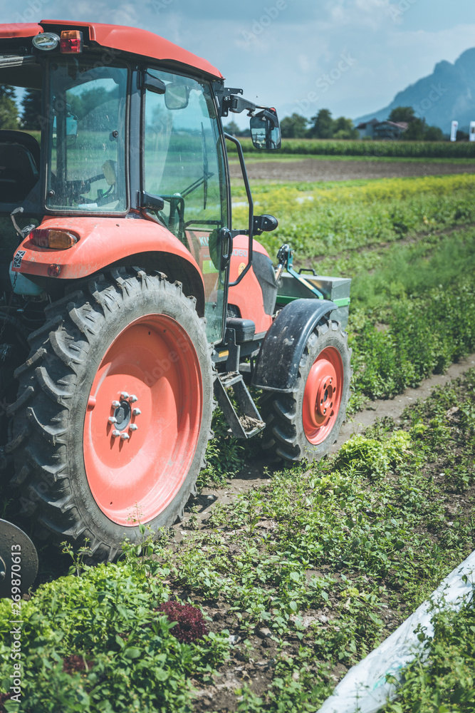 Obraz premium Cut out of tractor cultivating field in spring, agriculture