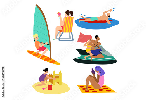 Surfer on the beach vector. Active people, windsurfing, jet ski on the sea and relaxing  with a beverage.  relaxing at the beach. 