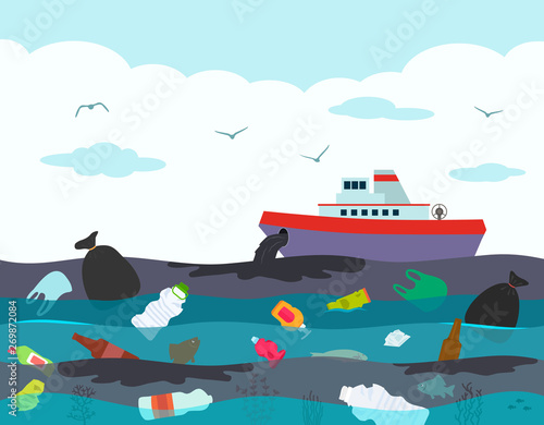 Ecological disaster in the ocean, oil leakage from the ship tanker. against the background of a polluted ocean with plastic garbage and oil. Toxic accident on the ship.