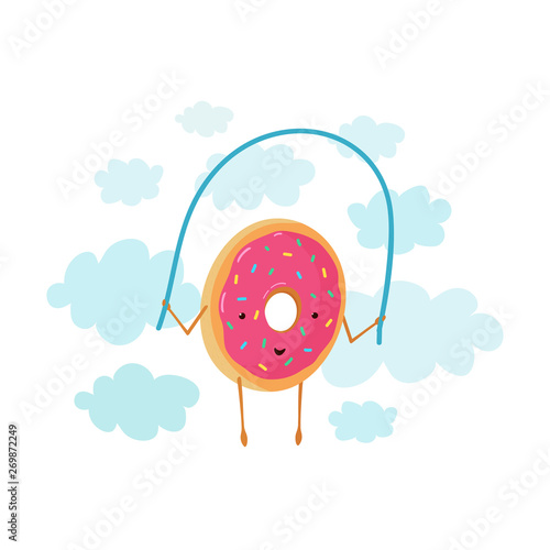Funny illustration with clouds donut who jumps on a skipping rope. Cute poster with pink donut for poster, postcard, clothes, flyers. Vector