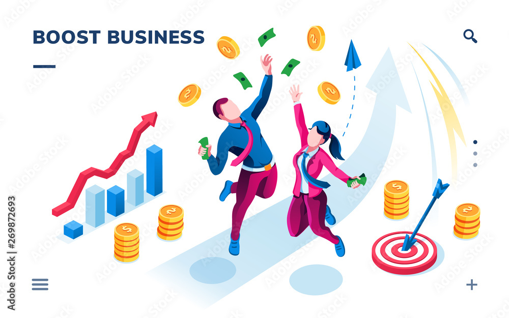 Isometric business banner for smartphone application. Boost startup, company or investment. Businessman, businesswoman catching cash and coins, rising chart with arrow. Financial profit theme Isometric business banner for smartphone application. Boost startup, company or investment. Businessman, businesswoman catching cash and coins, rising chart with arrow. Financial profit theme