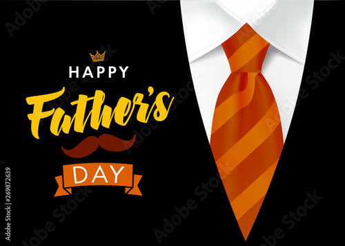 Happy father`s day vector lettering background. Happy Fathers Day calligraphy banner with with brown striped tie and men`s suit. Dad my king, vector illustration